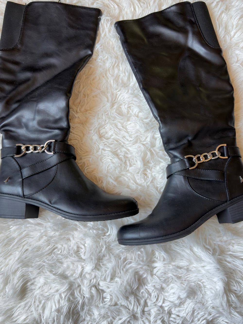 Black Knee High Boots with Chain Detail | Low Block Heel | Size 7